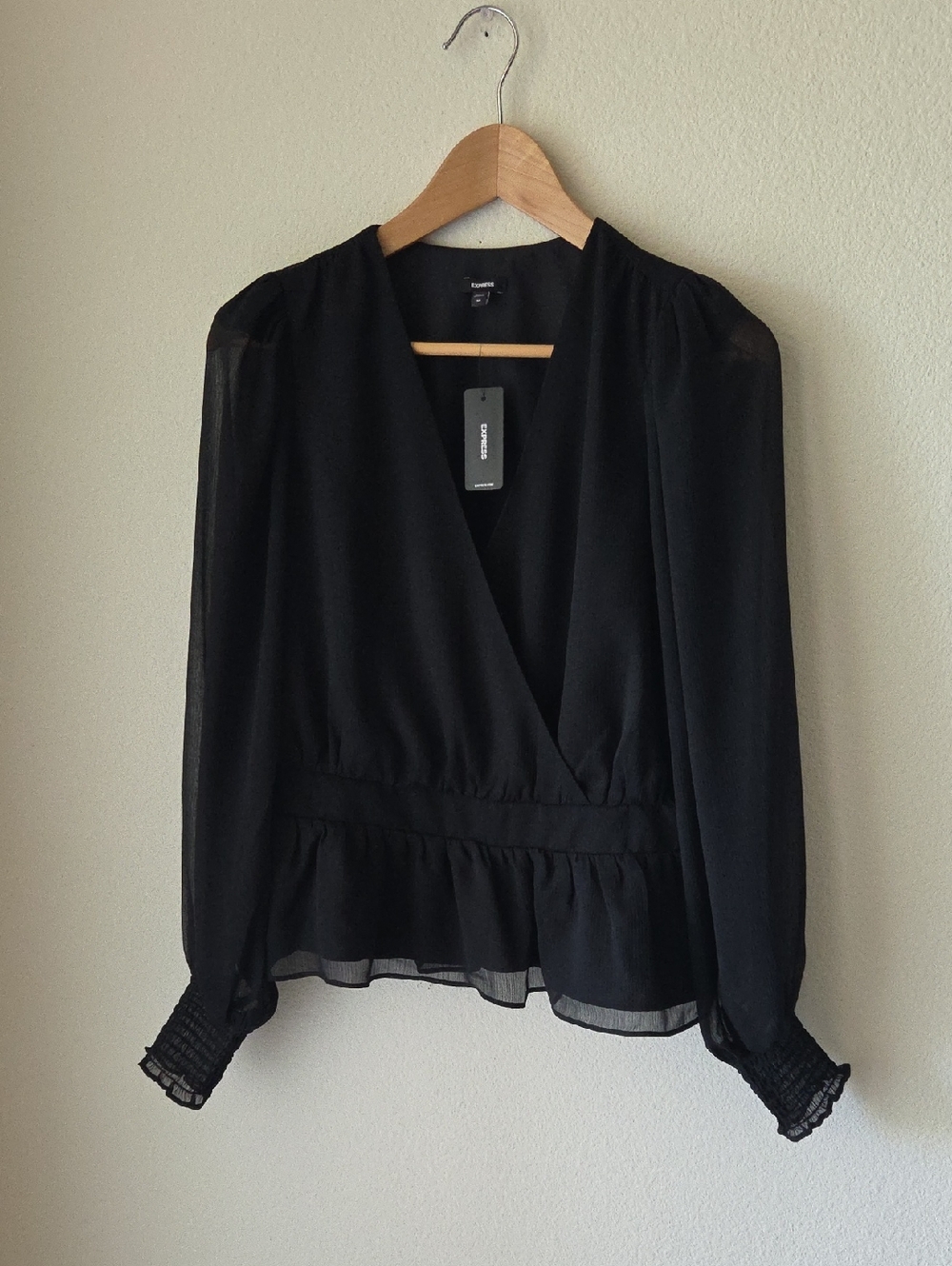 Express Black Wrap Blouse with Smocked Cuffs Sz M NEW